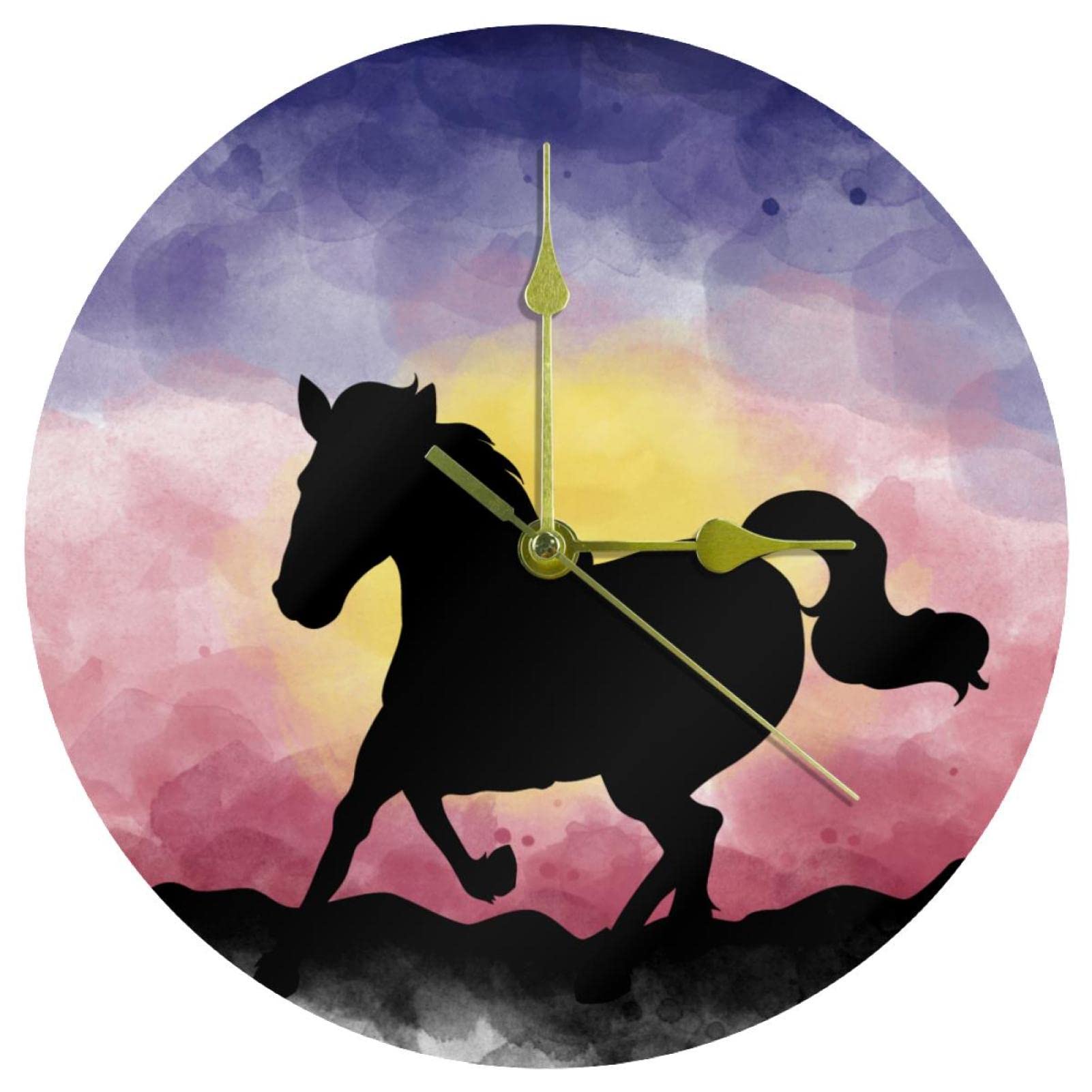 Horloge murale silencieuse sans tic-tac 24 cm à piles avec motif coucher de soleil et cheval