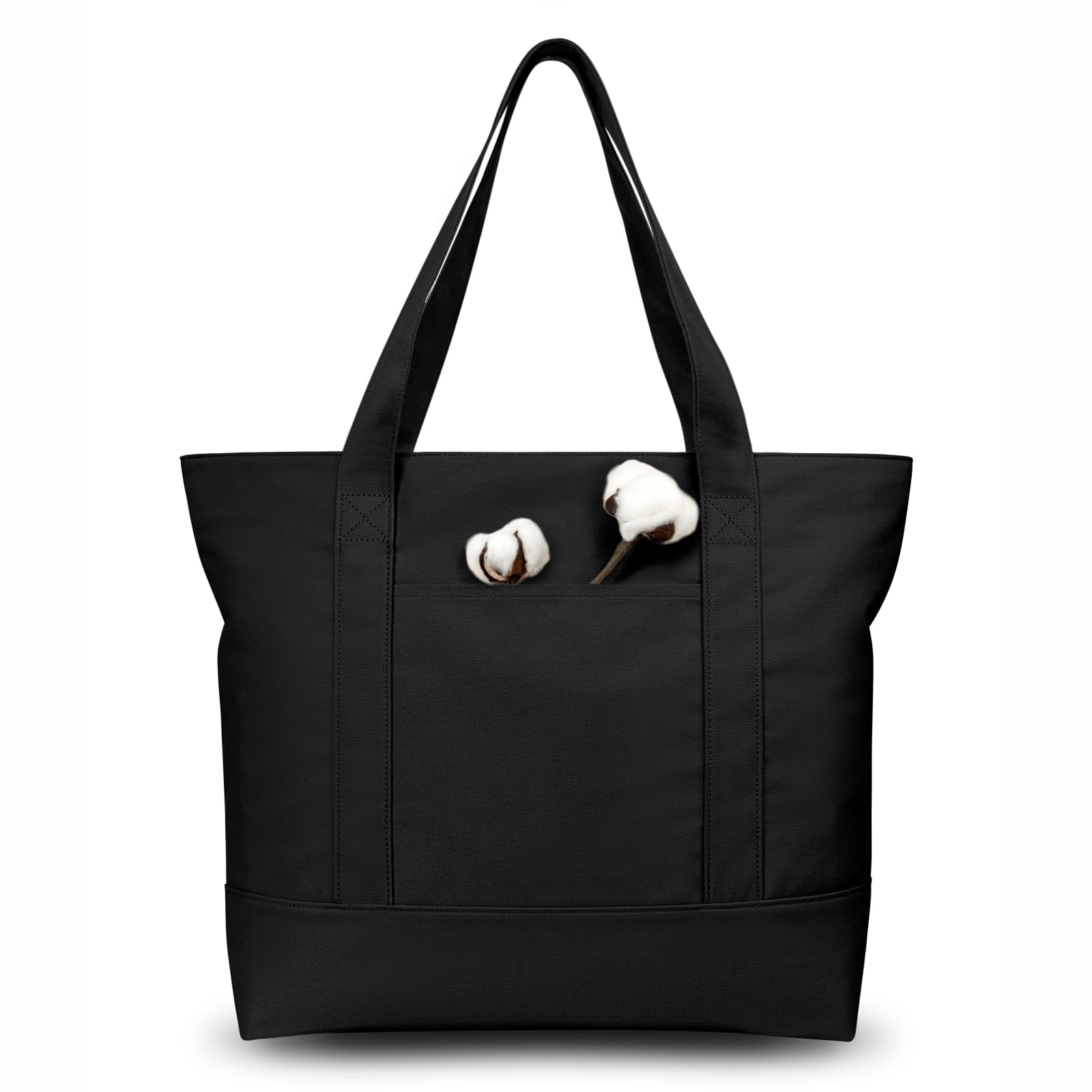 TOPDesign 1-Pack Canvas Tote Bag with an External Pocket, Reusable Grocery Shopping Bag, Top Zipper Closure, Daily Essentials (Black)