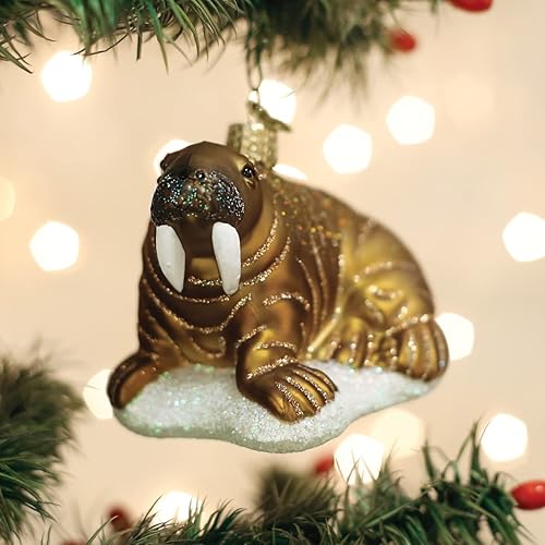 Miniatura 5 de Old World Christmas Adorno de cristal soplado de morsa para árbol de Navidad, decoración navideña artesanal, colección de mar