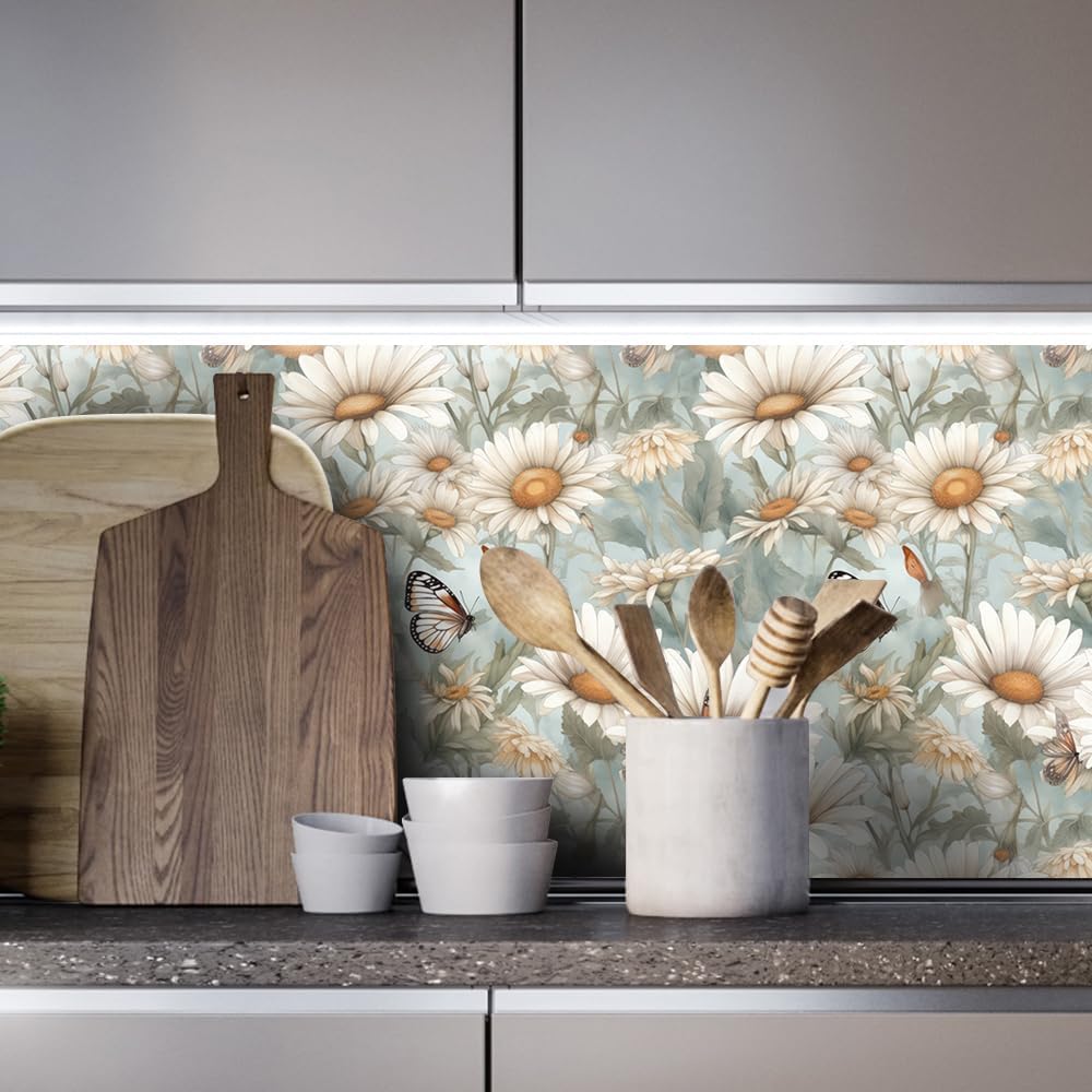 Daisies and Butterflies Peel and Stick Boho Self Adhesive Waterproof Removable Decorative Vinyl Easy Peel Off Stick on Wallpaper for Living Room Bedroom Cabinets 17.71" X 118.1"