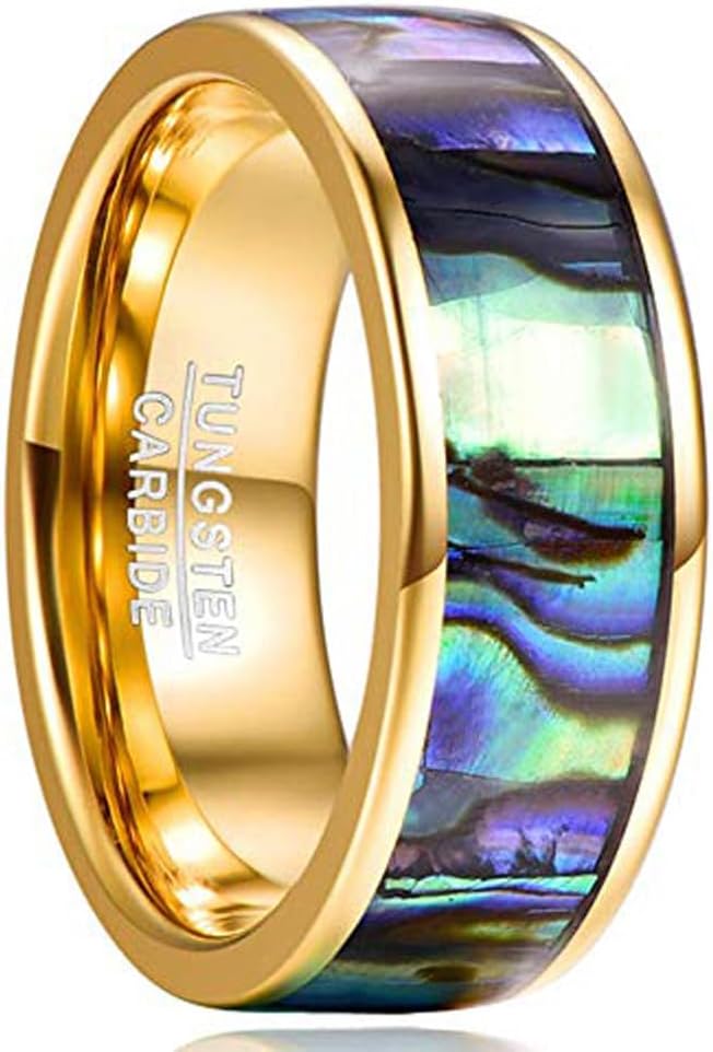 (7mm) Unisex, Women's or Men's Tungsten Wedding Ring Band. Gold Tone Band with Rainbow Abalone Shell Inlay. Comfort Fit.