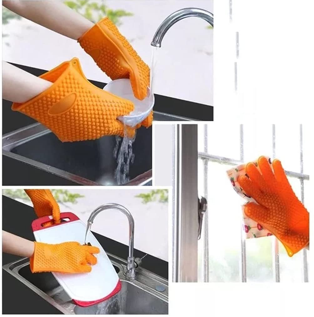 Gants de Cuisine Gants en Silicone À Cinq Doigts Épaissi Anti-dérapant Anti-brûlure Isolation Thermique Four À Micro-Ondes Haute Température, 2 Pièces Manique(Oranje)