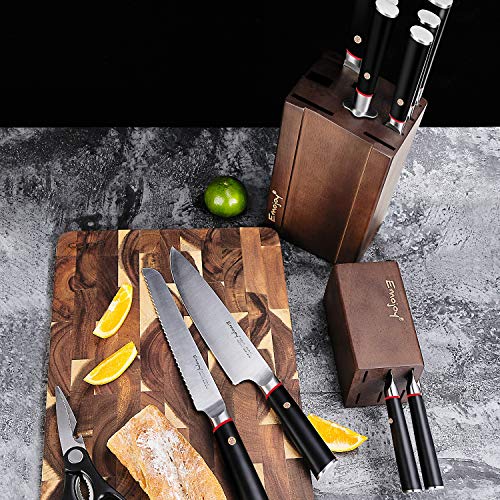 Knife Set, Kitchen Knife Set with Craving Fork and Detachable Wooden Block, 16-Piece German Stainless Steel Kitchen Knives Sharpener and Scissors Block Set, Emojoy