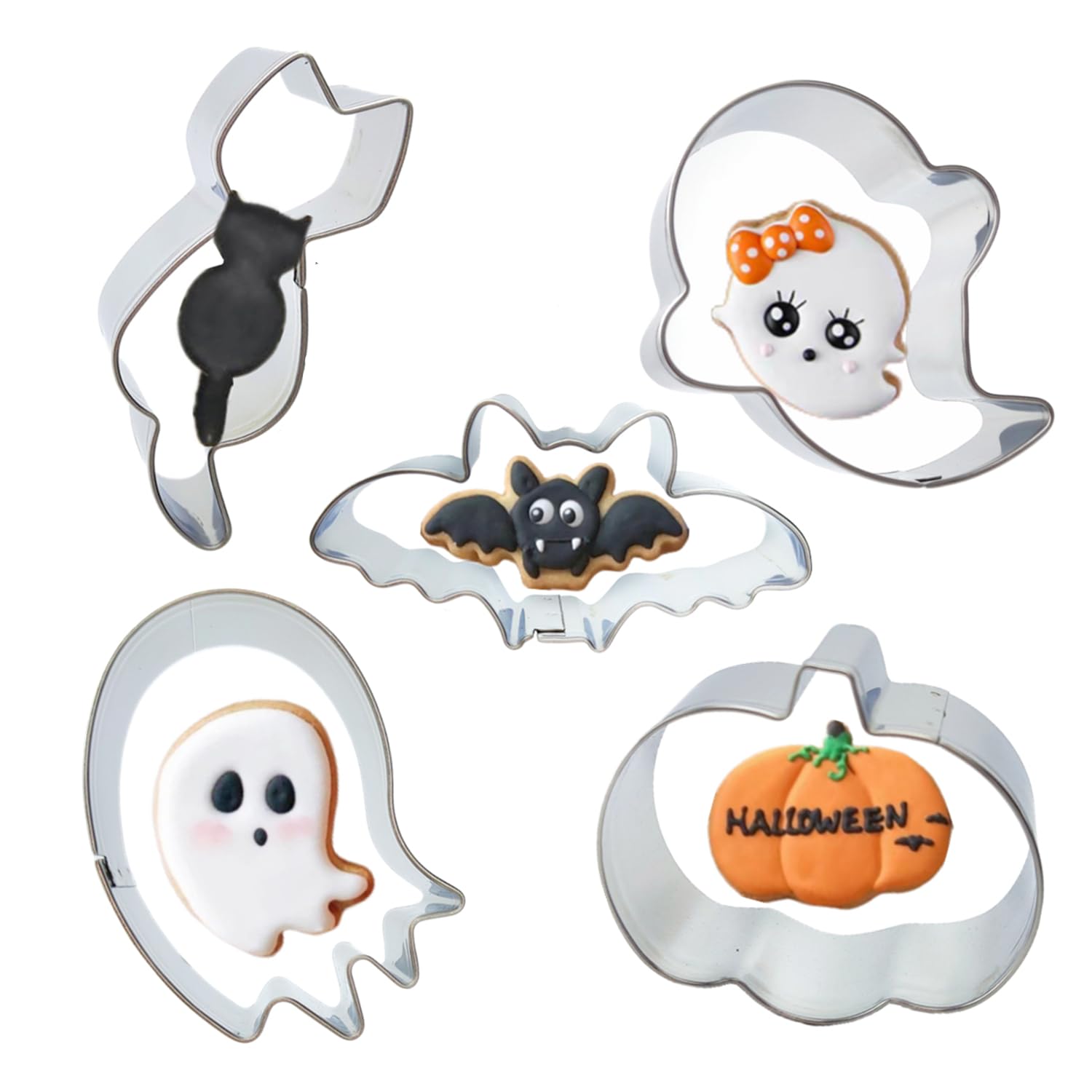 5 cortadores de galletas pequeños de Halloween, mini moldes de acero inoxidable con forma de fantasma, gato, murciélago, calabaza para decoraciones de fiesta de Halloween