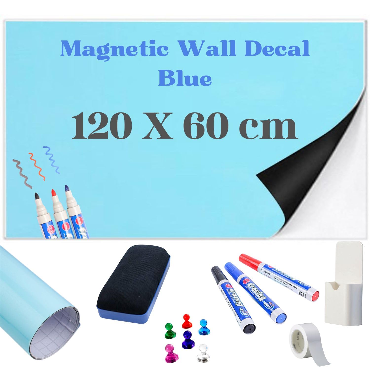 MITHREEL Magnetic Wall Decal – Colored Self-Adhesive Dry Erase Whiteboard Roll, Flexible Magnetic Wall Sticker for Office, Home & School – (120 x 60 cm Blue)