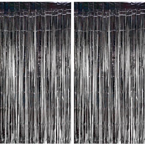 Image of Black Tinsel Curtain Party Backdrop - GREATRIL Party Streamers Backdrop Foil Fringe Curtains for Birthdays /Wizard Halloween Decorations - 1m x 2.5m - Pack of 2