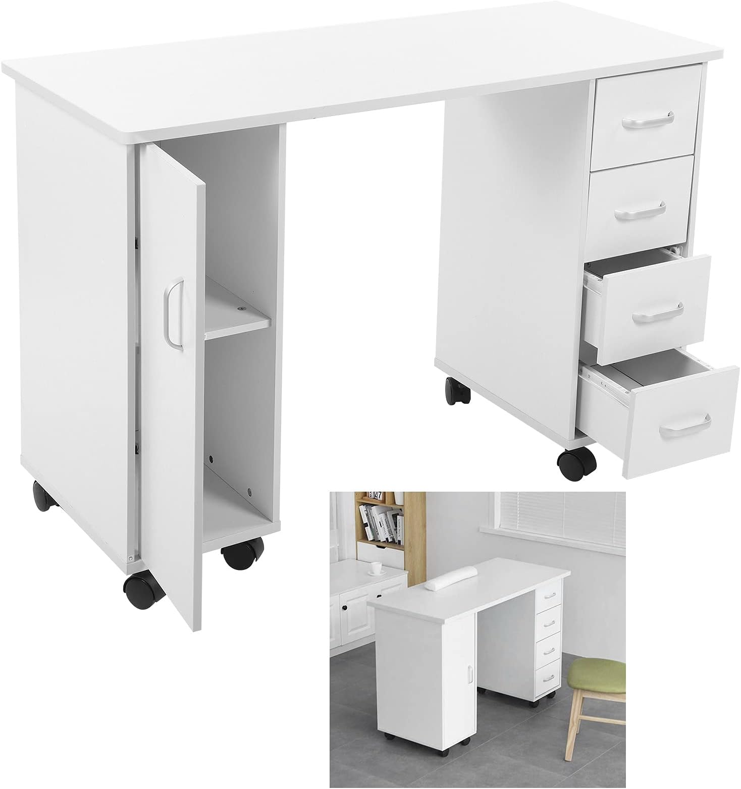 Desk, Movable Spacious Storage Space Manicure Nail Table 4 Drawers for Salon