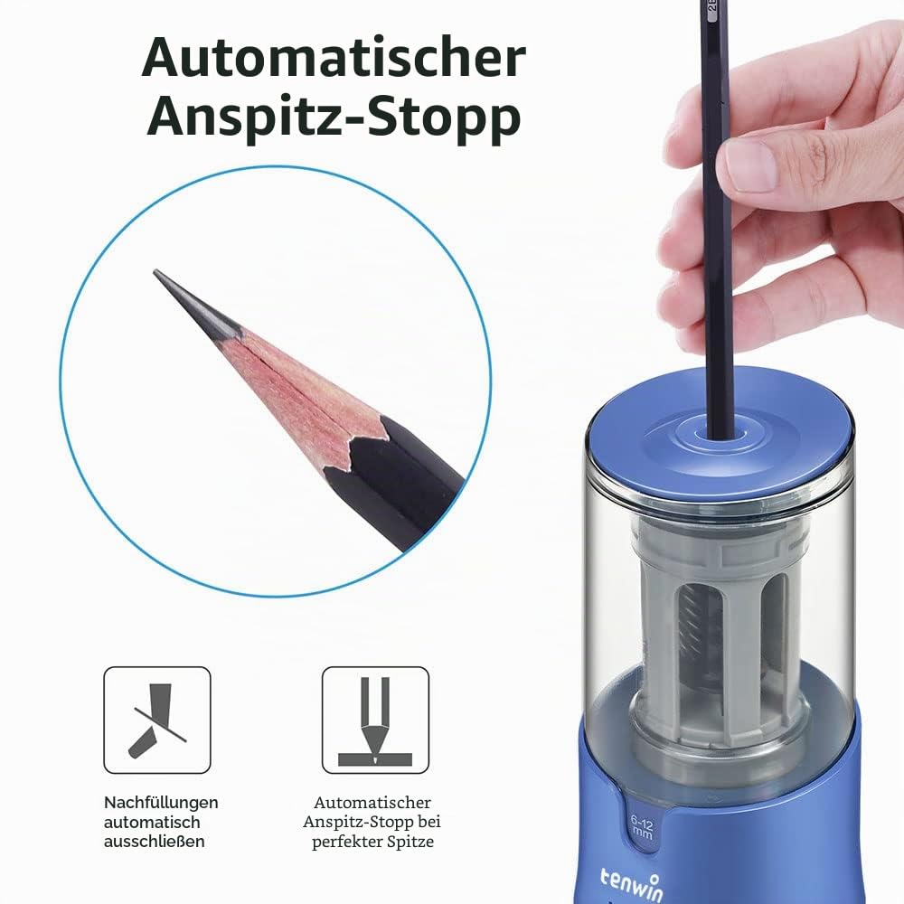 Elektrischer Bleistiftspitzer für Buntstifte, schneller Anspitzer für 6–12 mm Bleistifte, robust, für Büro, Schule, Klassenzimmer, Zuhause, tragbar, Auto-Stop