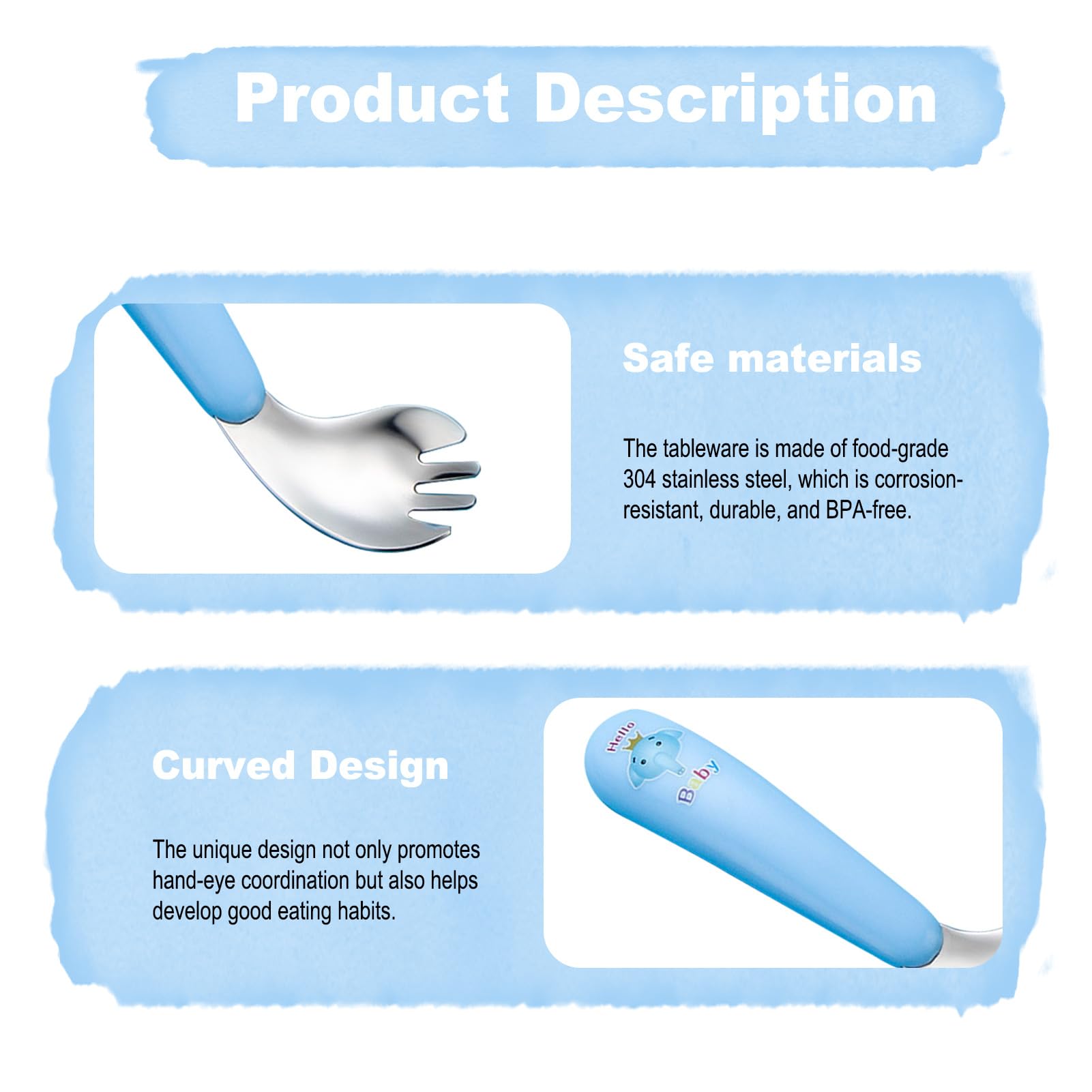 Cuillère d’Apprentissage et Fourchette,Couverts en Acier Inoxydable,Cuillère Courbée Ergonomique pour Apprentissage Autonome,Esslernbesteck Inox,Motif Éléphant,13 cm,Couverts Personnalisés