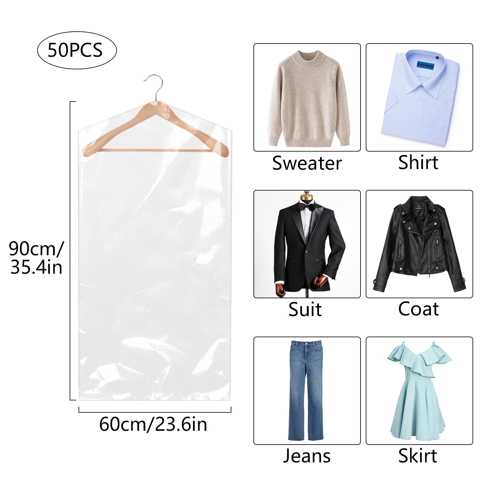 50 Pack Plastic Clothes Covers Protector Bags 23.6× 35.4 inches Clear Garment Bags Dry Cleaning Bags, 60cm× 90cm-50 Pack - Image 2
