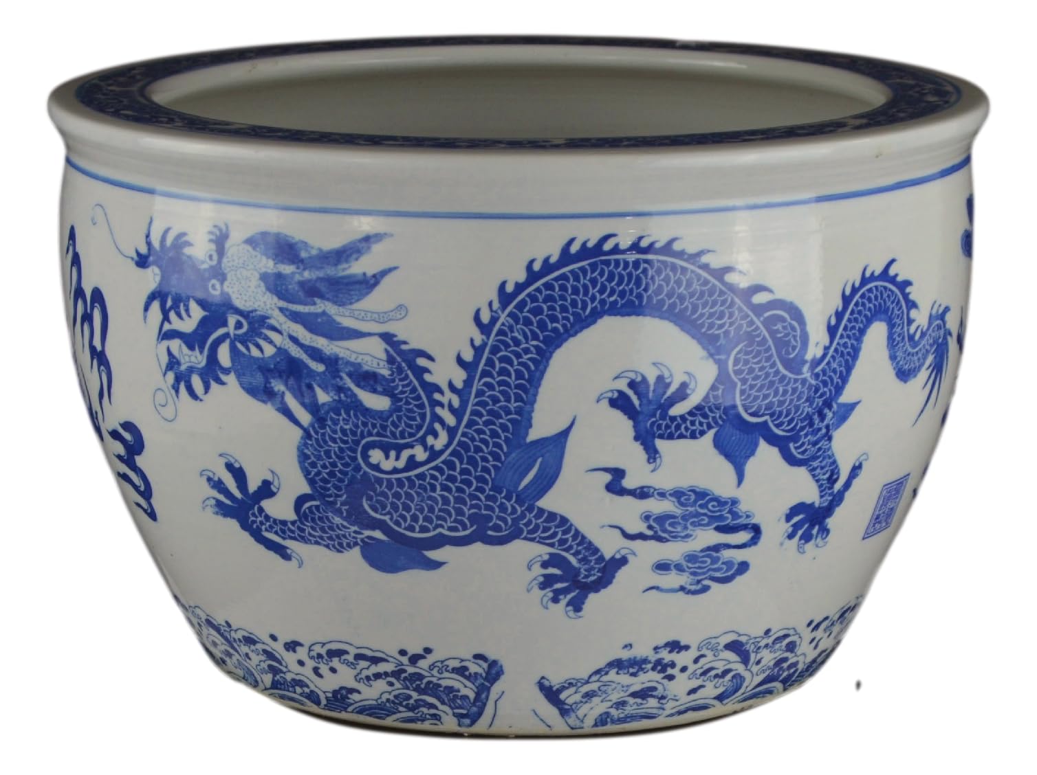 16" Porcelain Blue and White Fishbowl. Fish Bowl Two Dragons Playing with Super Pearl Chinese