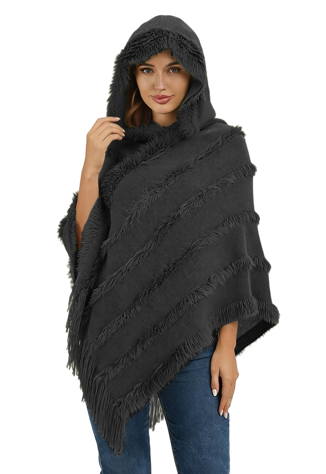 Ponchos con Capucha Mujer Punto Invierno Otoño Poncho de Las Mujeres Punto con Flecos Poncho a Rayas de Felpa de Color Liso Elegante Casual Suave Calentar