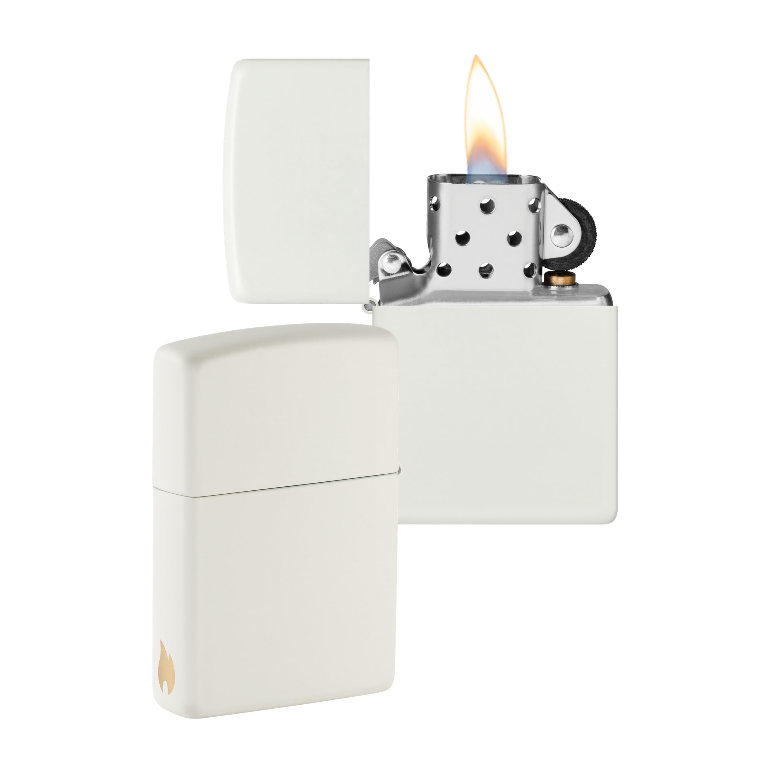 Zippo Sturmfeuerzeug - White Matte mit seitlicher Flammengravur - Nachfüllbar - Wiederverwendbar - Windfestes Design - Geschenkbox - Made in USA - Amazon Exclusive