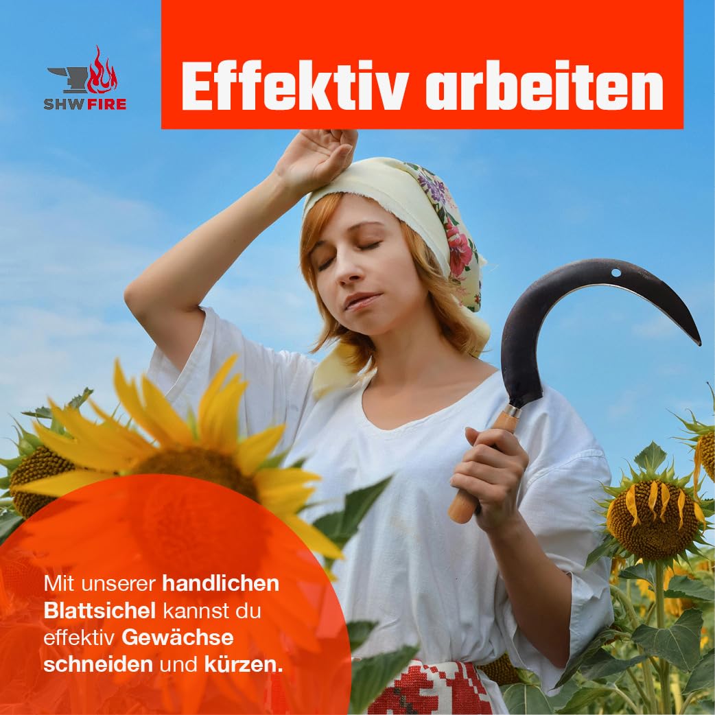 SHW-FIRE Blattsichel für den Garten mit Holzgriff - Handgeschmiedete Rund-Sichel für Handsichelarbeiten - inkl. Schneideschutz - Made in Germany