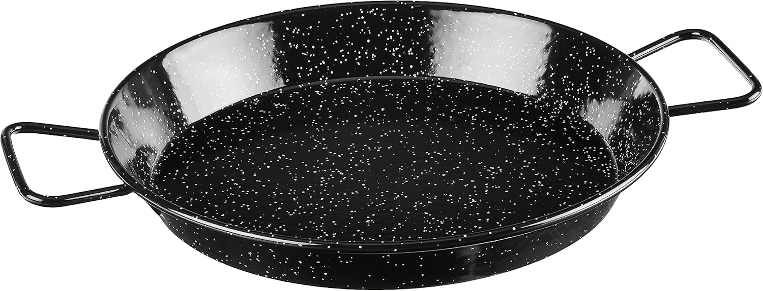 Padella per Spaghetti all'Assassina in Ferro Smaltato, Tegame Tradizionale Stile Paella, Nero con Puntini Bianchi, con Manici (36 cm)