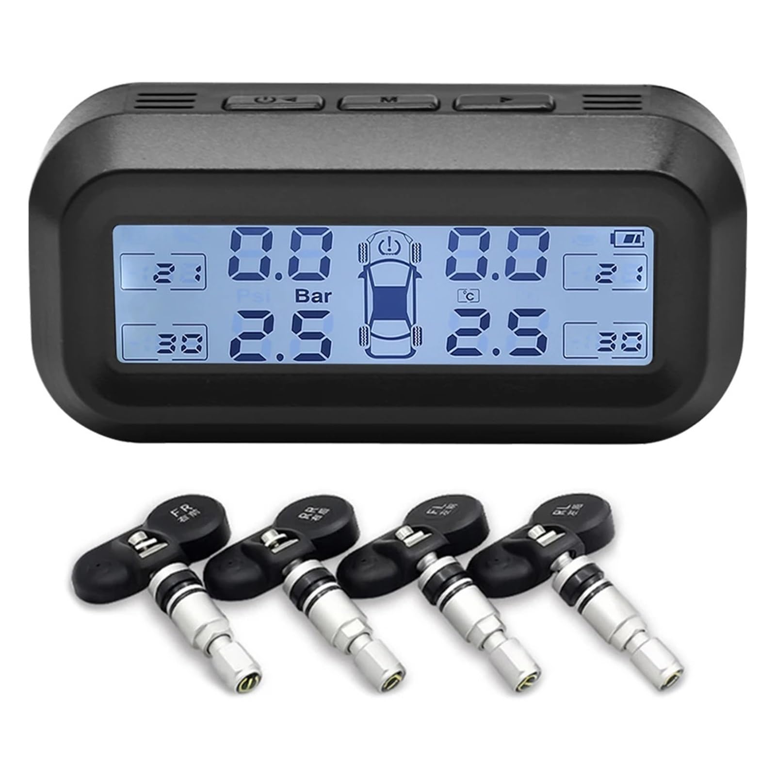 Monitoreo Presión Neumáticos TPMS para LCD Digital, Sistemas Alarma Seguridad para Automóviles, Sensor Externo Medidor Digital de Presión de Neumáticos(Black White Internal)