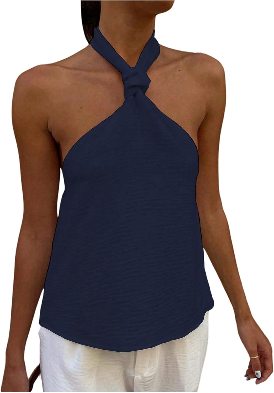 MakeMeChic Women's Halter Tops Criss Cross Backless Cute Going Out Tops Sleeveless Tie Casual Textured Shirt