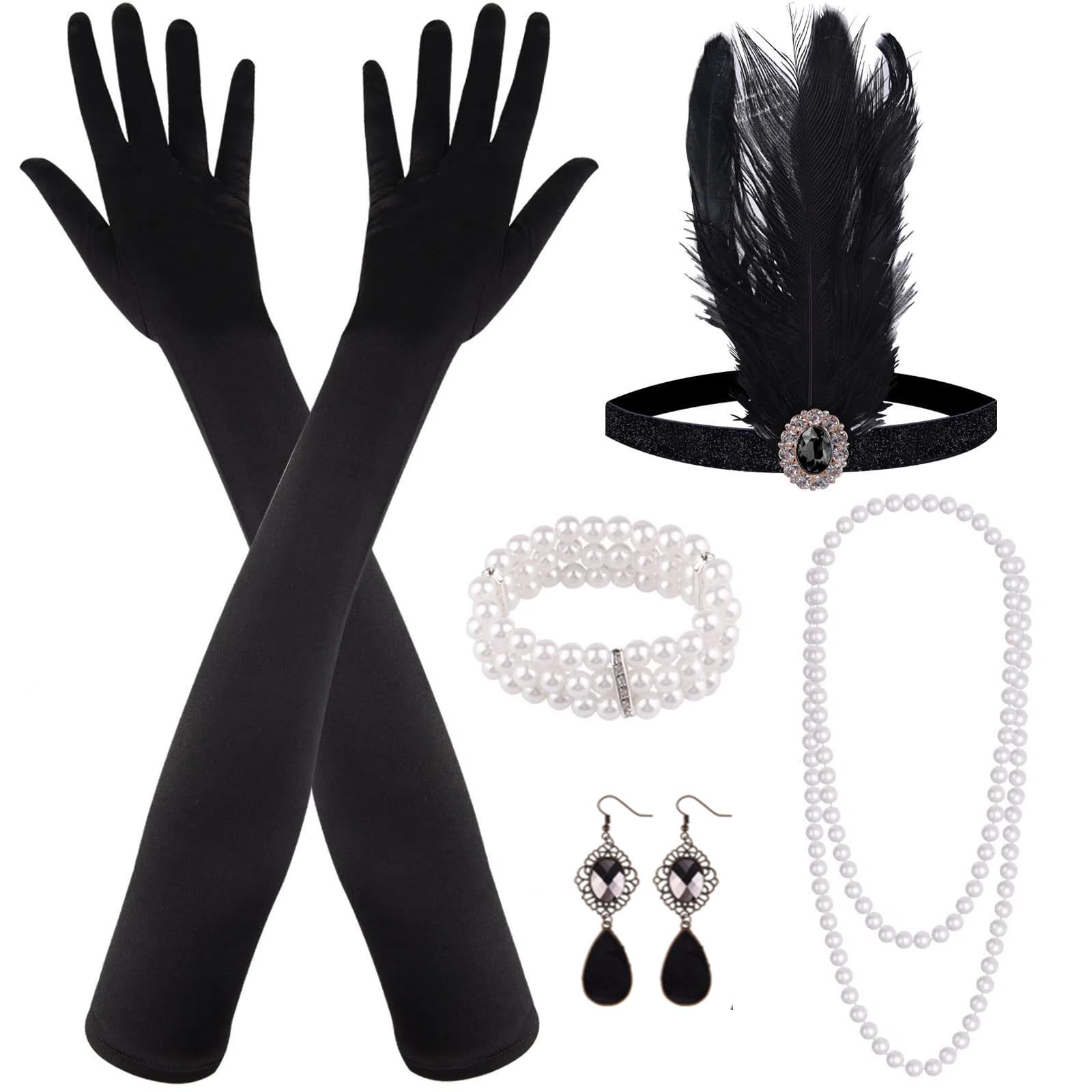 MIAHART 8 Pieces 1920s Flapper Great Gatsby Accessories Set Fashion Roaring 20's Theme Set with Headband Headpiece Long Black Gloves Necklace Earrings for Women (Black)