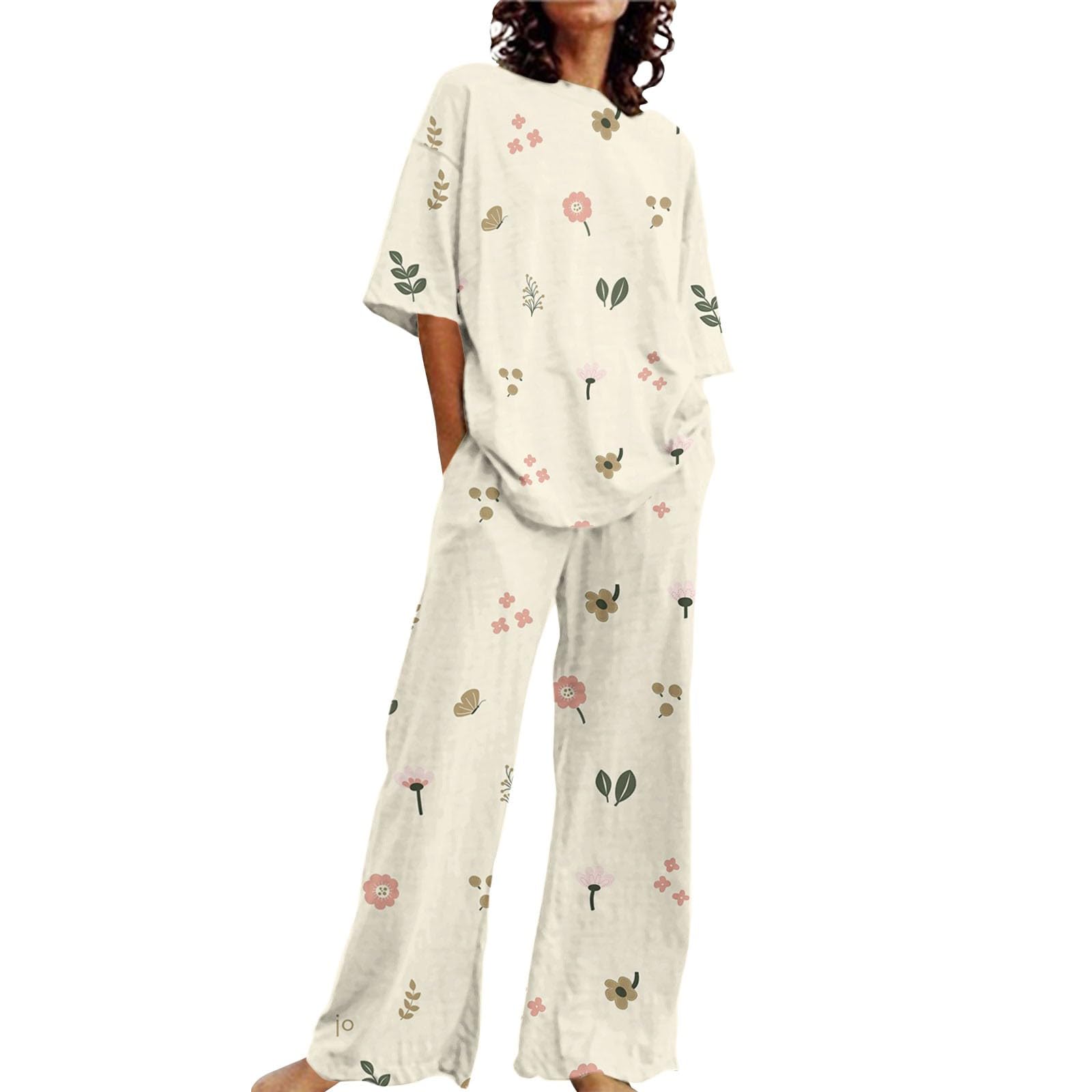 Genérico Pantalones De Vestir Mujer Camiseta Holgada de Manga Corta con Cuello y Estampado Floral para Mujer, Conjunto de 2 Tallas Grandes con Pantalones Pijama Invierno Mujer Terciopelo