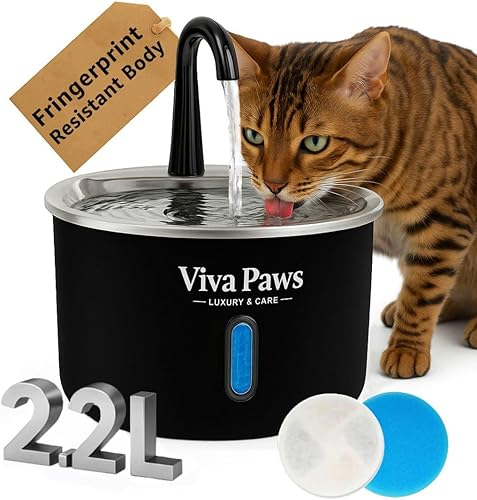 Viva Paws - Fuente de agua para gatos de acero inoxidable  Fuente automática de agua de 2.2L74 onzas para gatos y mascotas pequeñas, ultra