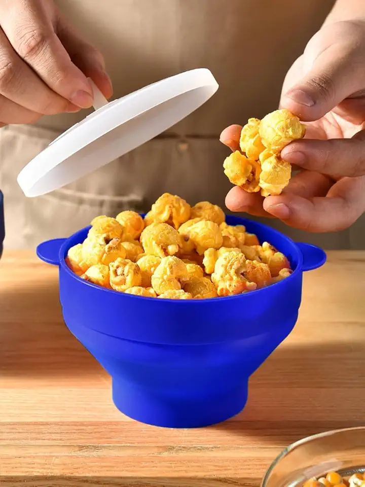 Popper de pipoca de silicone para micro-ondas, tigela dobrável para micro-ondas com alças, pipoqueira de ar quente para casa, lavável na lava-louças (azul)
