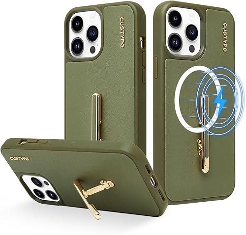 CUSTYPE - Funda protectora de cuero a prueba de golpes para iPhone 14 Pro Max, compatible con carga inalámbrica, soporte de 2 vías, soporte de