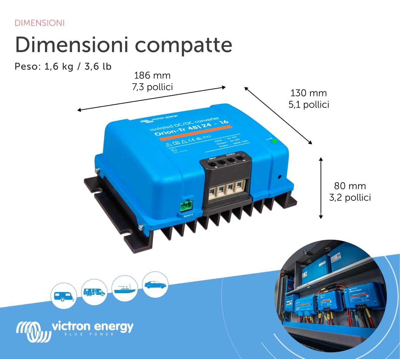 Victron Energy Orion-TR IP43 48/24-Volt 16 amp 380-Watt Convertitore DC-DC, Isolato