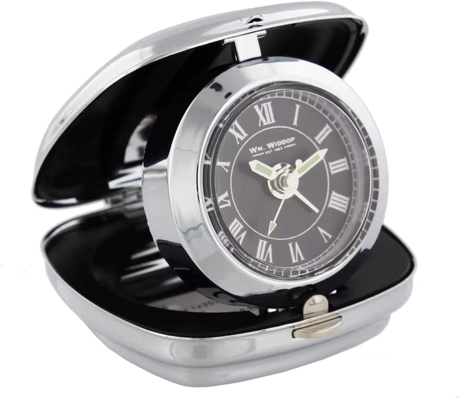 W M Widdop Unisex Small Silver Chrome Black Dial Compact Travel Alarm Clock 9726