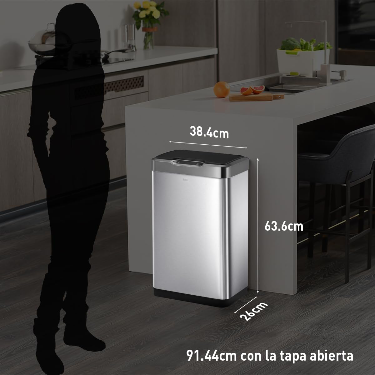 EKO Mirage-T | Cubo de Basura Cocina 50L con Sensor de Movimiento | Papelera Rectangular sin Contacto en Acero Inoxidable Cepillado