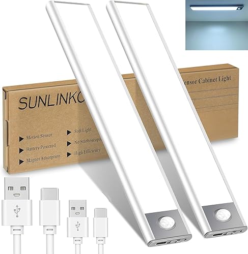 Luces inalámbricas con sensor de movimiento de 9 pulgadas para debajo del armario, 1500 mAh, funciona con pilas, luz de mostrador recargable tipo C,