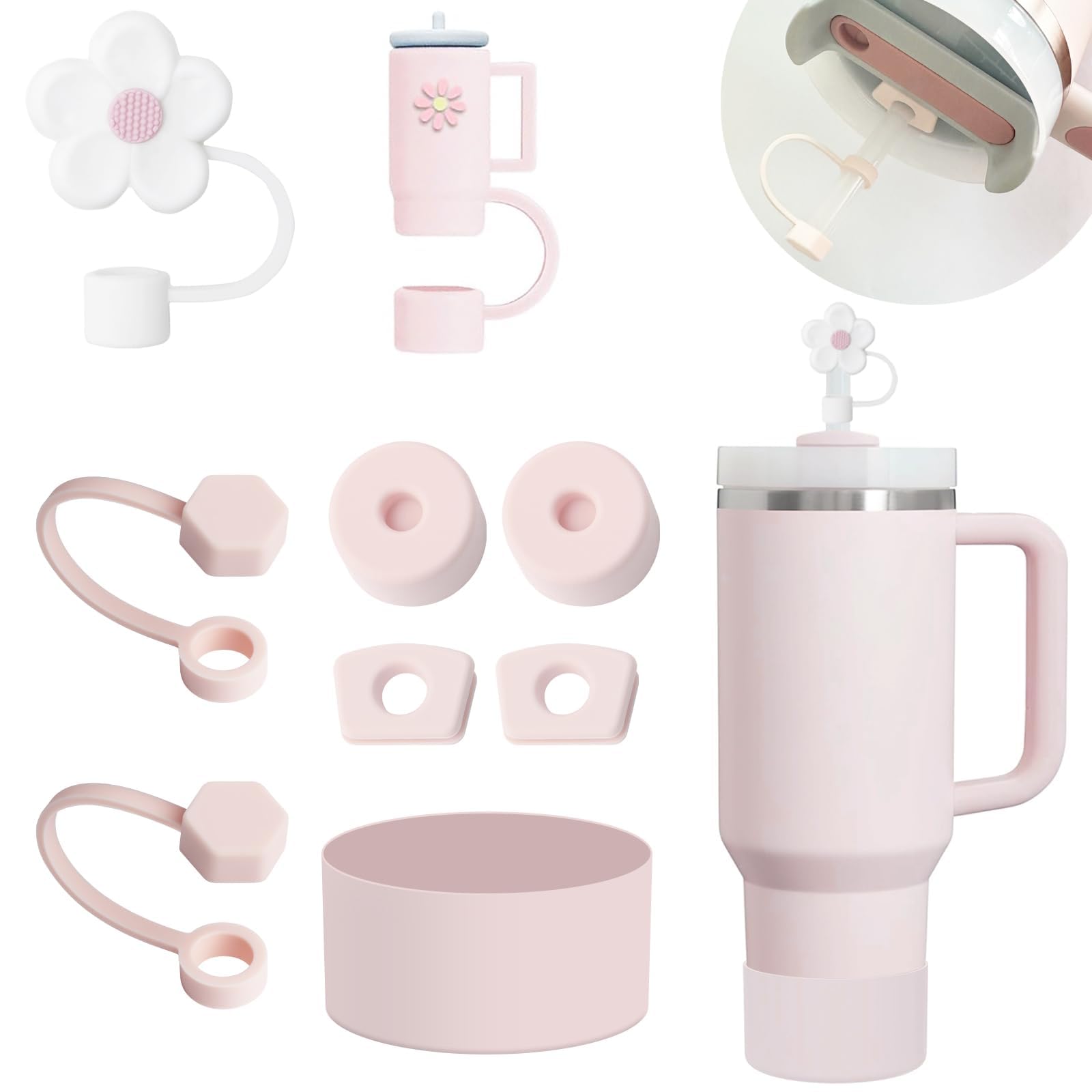 tewiaii 9 Pcs Stanley Cup Accessories Set Including 4 Pcs Silicone Spill Proof Stopper, 4 Pcs Straw Cover Cap for 10 mm Straws, 1 Pcs Silicone Boot for Stanley Cup Stanley 40oz & 30oz Tumbler (Pink)
