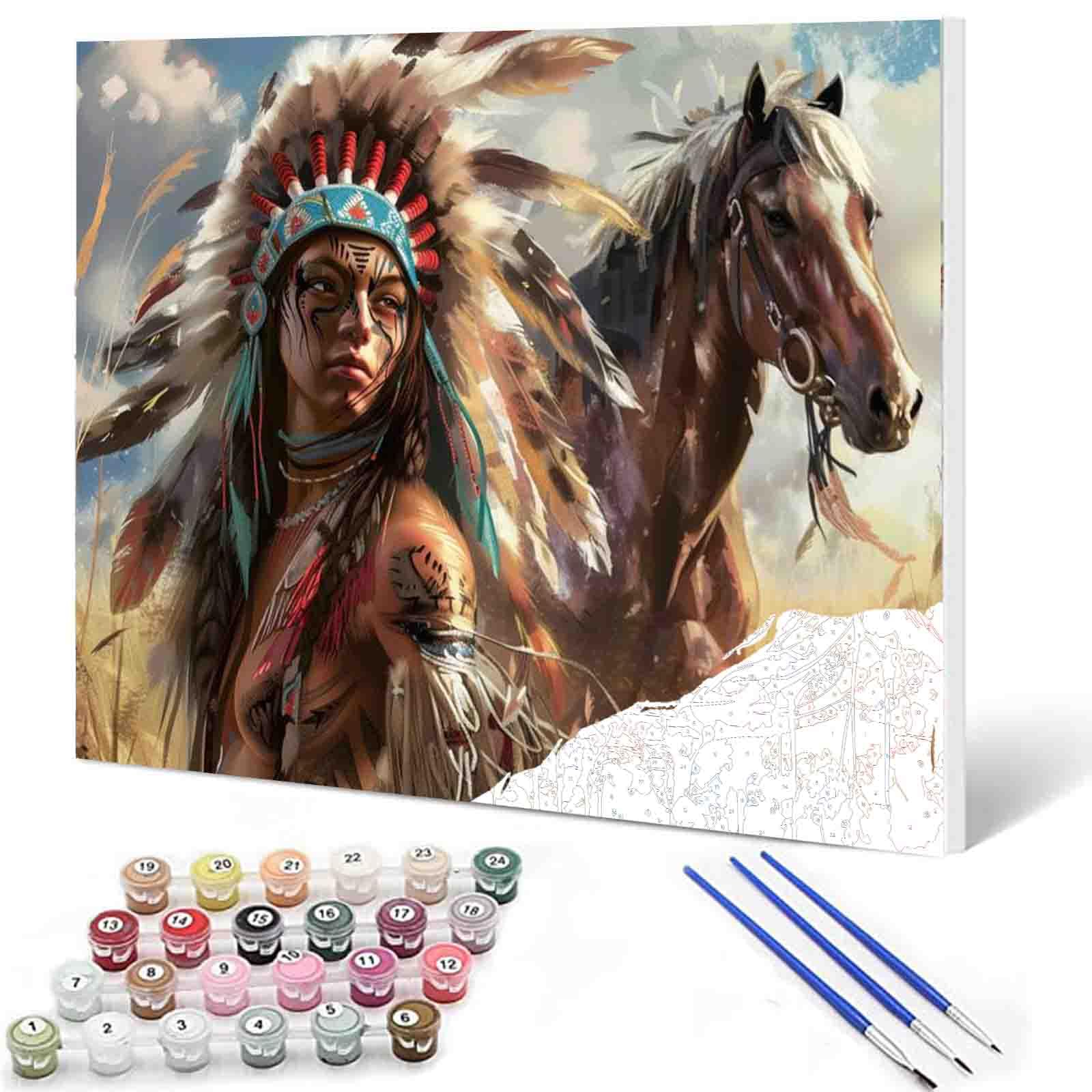 Aihonmin Paint by Numbers for Adults DIY Indians Oil Painting for Kids and Beginner Acrylic Painting Kits on Canvas African Tribal Girl and Horse Paintings Arts Craft for Home Wall Decor (Frameless)