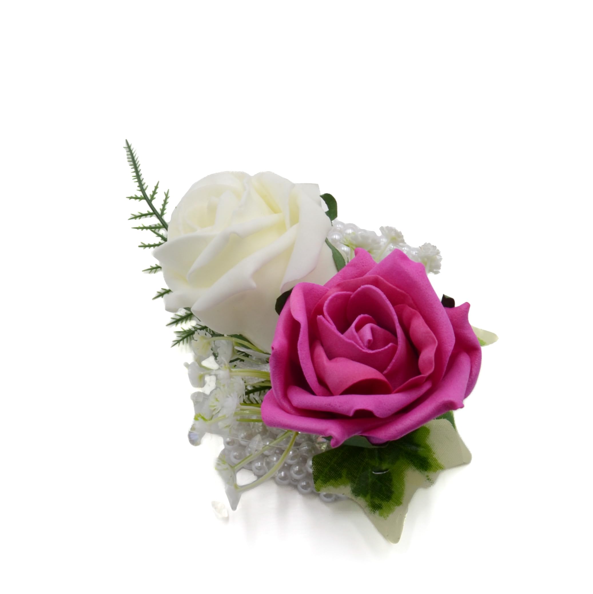 Artificial Wedding Flowers Hand-made by Petals Polly, FOAM ROSE WRIST CORSAGE IN HOT PINK & IVORY