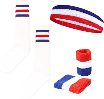 5PCS Striped Sweatbands Set American Flag Style with Colorful Cotton Striped Socks Sports Headband and Wristbands