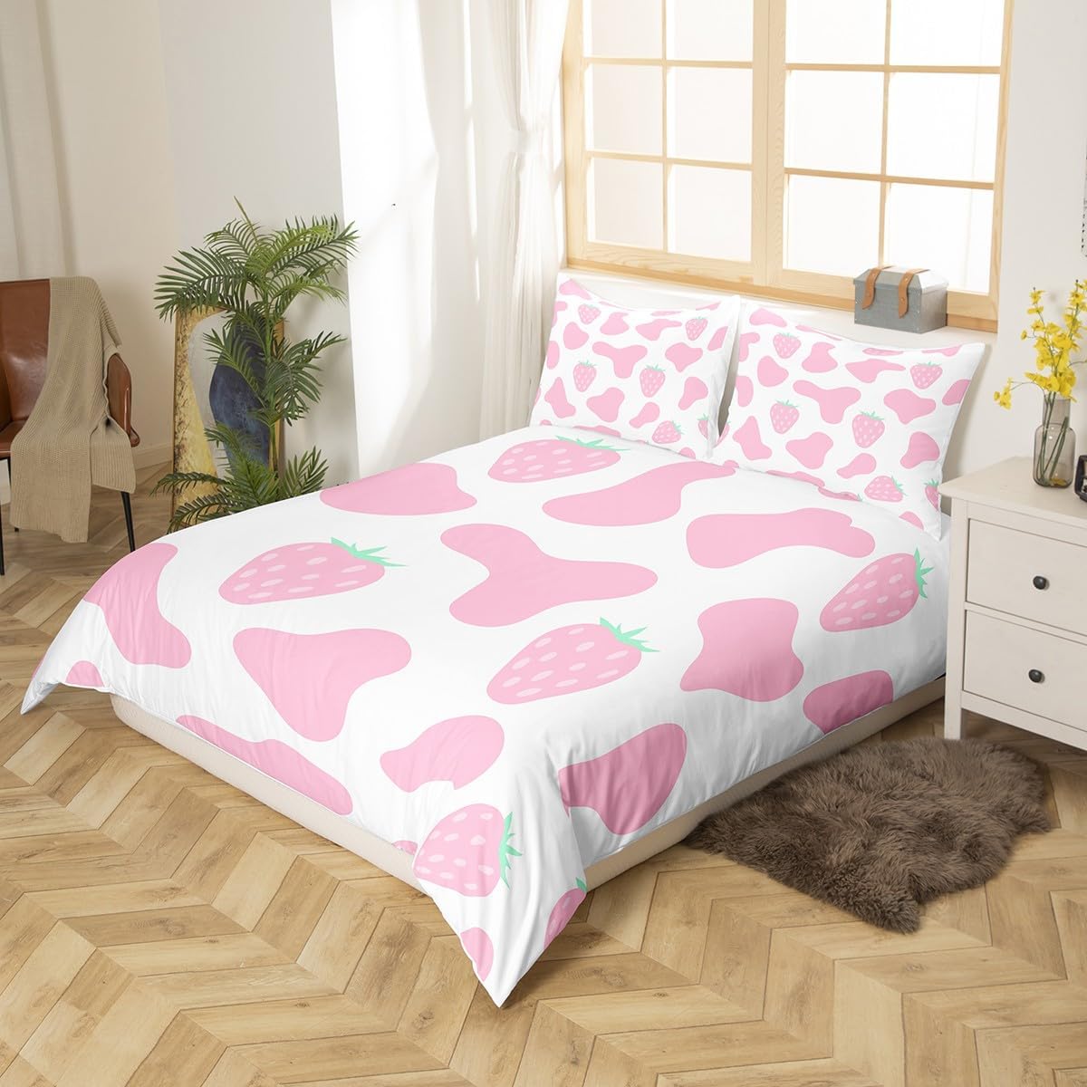 Strawberry Milk Cow Bedding Set Queen,Pink Cow Comforter Cover for Boys Girls,Kids Animal Print Duvet Cover Set Strawberries Bedspread Cover Fashion Teens Bedroom Decor Bed Collection(No Comforter)