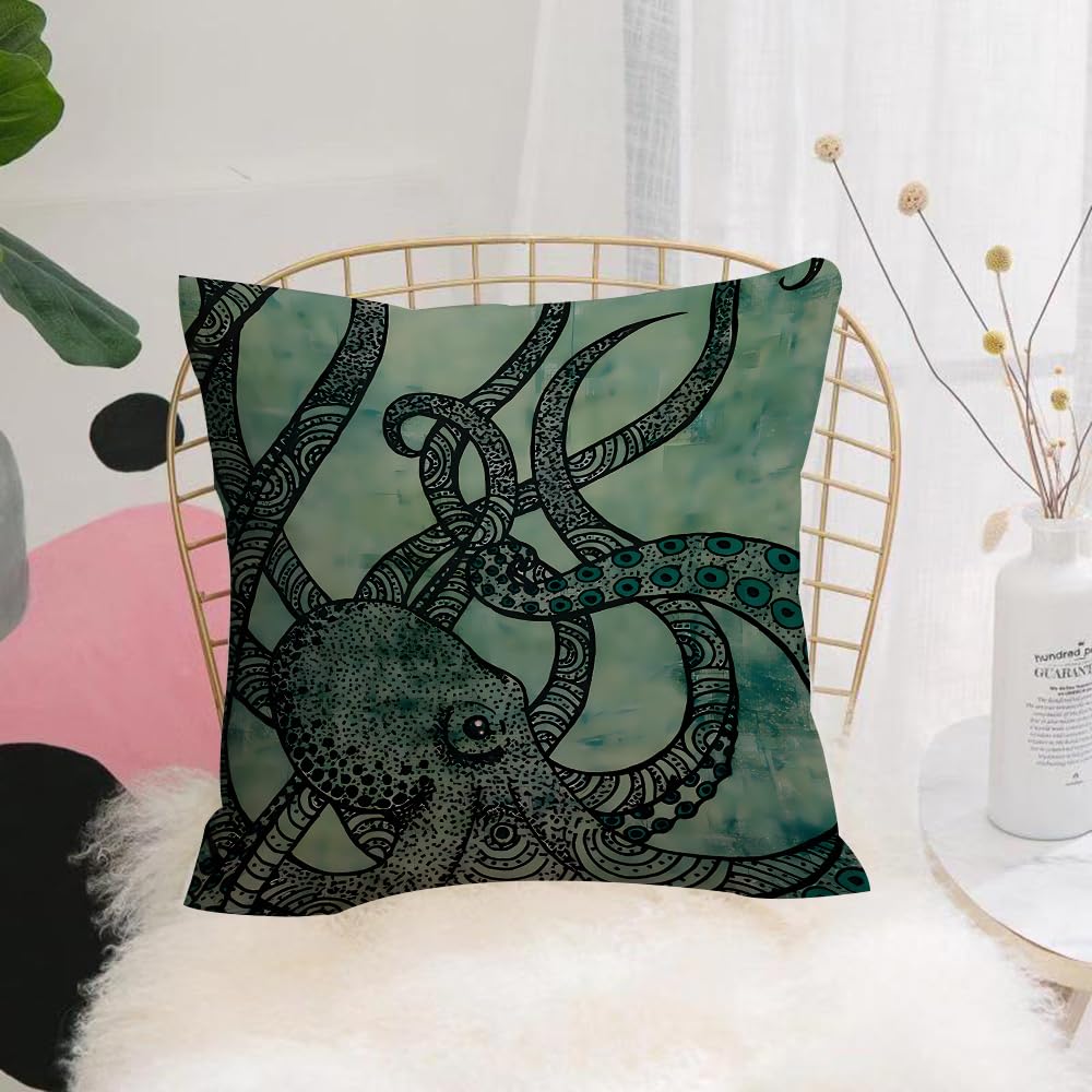 HYOSXW Cushion Cover,Throw Pillow Case Home Decorative for Living Room Bedroom Sofa Chair 16X16 Inch,Octopus, tangled octopus under blue and green texture,Pillowcase 40X40cm