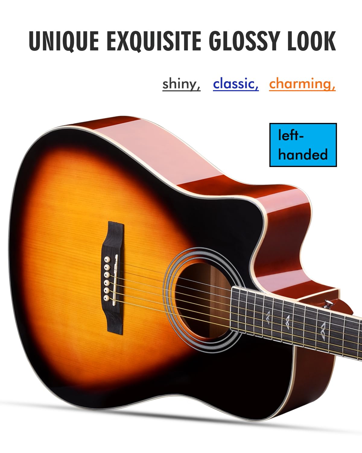 Winzz 4/4 Gitara Elektroakustyczna, Leworęczna Gitara Westernowa, Zestaw dla Dorosłych Początkujących, Gitara Akustyczna 41 Cali z 4-pasmowym Ekwalizerem (Dreadnought, Połyskujący Sunburst)
