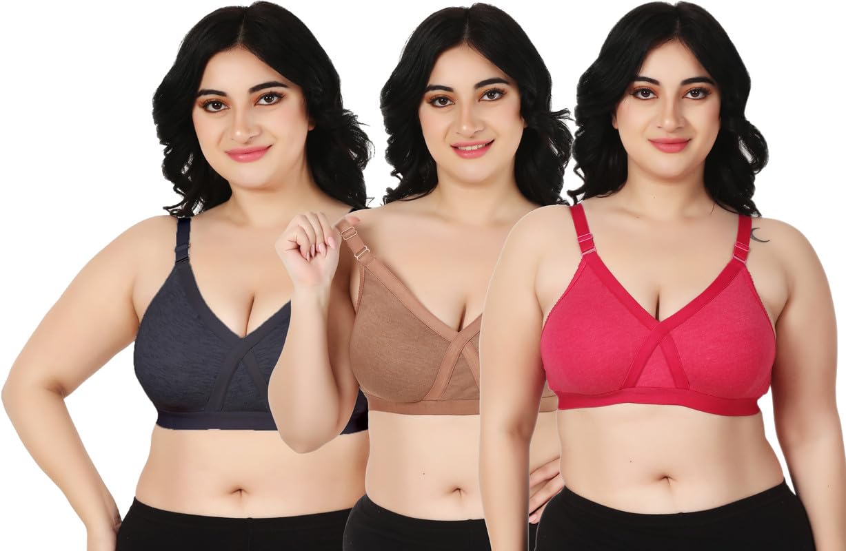 Women's Cotton Blend B C D Cup Non-Padded Front Cross Design Heavy Bust Plus Size Seamless Minimizer Full Coverage Non-Wired T-Shirt Everyday Bra Combo Pack of 3-picture-43