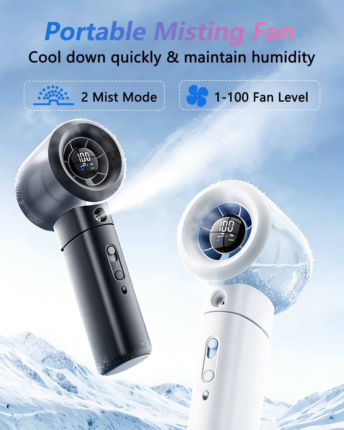 Ventilador Portátil con Nebulizadorde, Turbo Ventilador de Mano Potente con Pulverizador de Niebla, Velocidad 1-100, USB Recargable, Ventilador Personal para Al aire libre, Negro oscuro