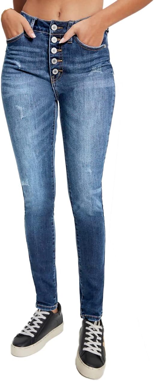 Allimy Women's High Rise Skinny Stretch Button Ripped Jeans High Waisted Destroyed Denim Pants