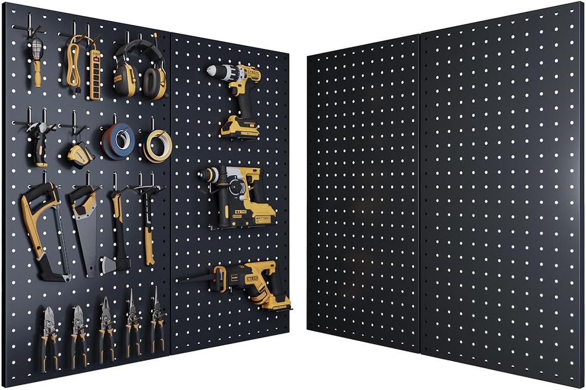 Metal Pegboard Wall Organizer System, 12x24 in Heavy-Duty Steel Peg Board with 38 Hooks, Modular Expandable Pegboard for Garage, Workshop & Home Organization (Black, 4 Pack)