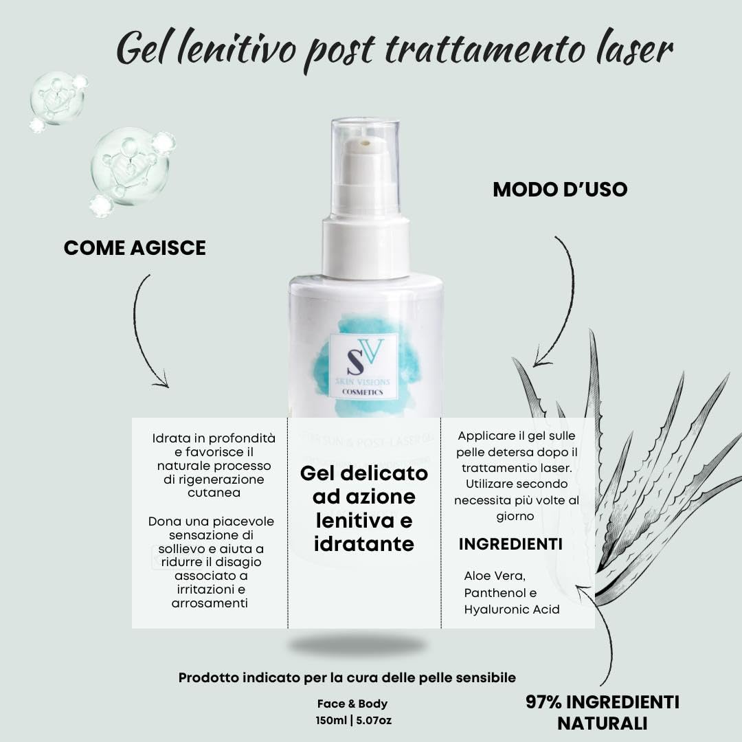 Gel idratante e lenitivo, post epilazione laser, dopo sole, dopo cera, con Acido Ialuronico, Pantenolo e Aloe Vera, 150 ml