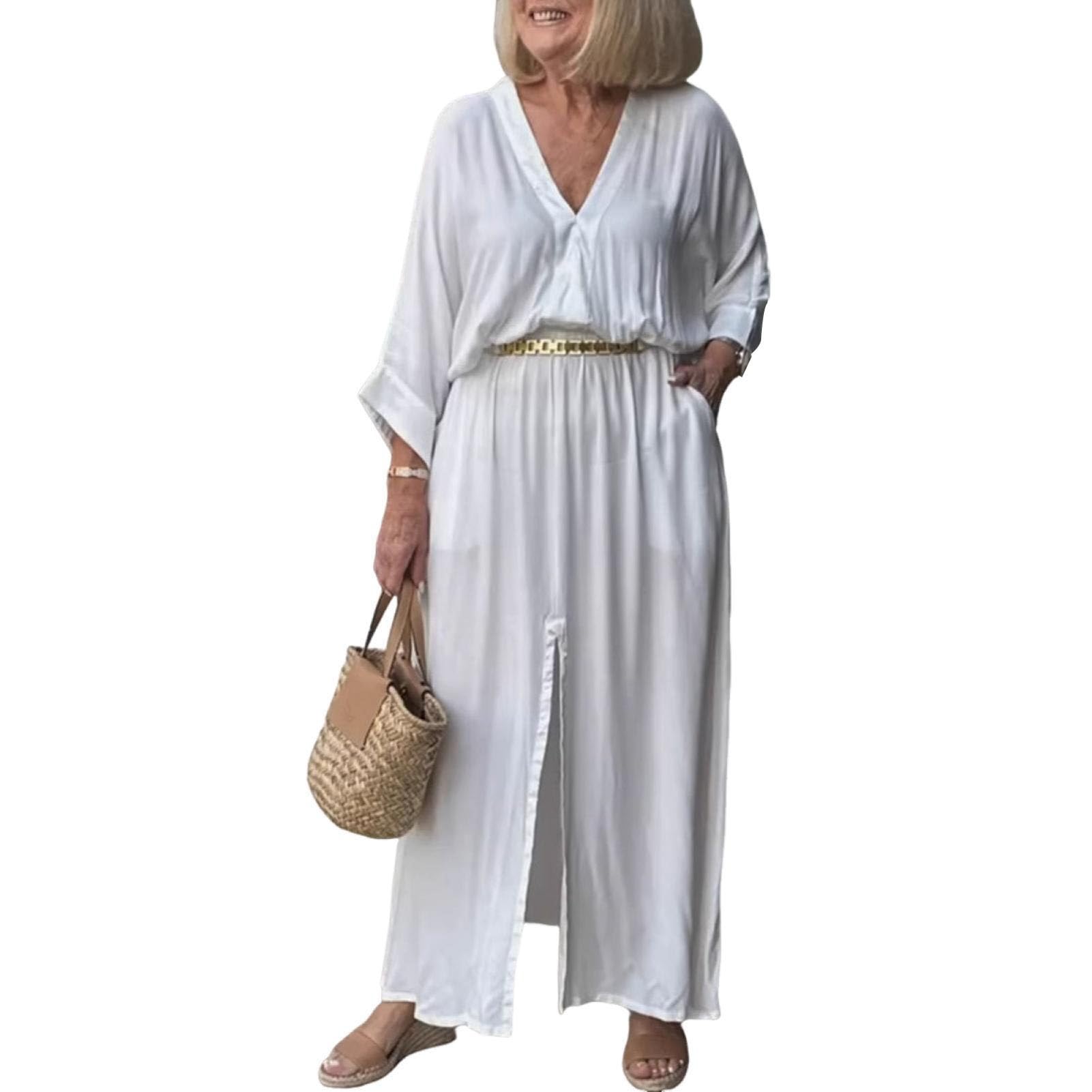 Vestido largo con cuello en V, manga tres cuartos, cintura delgada, vestido casual de color puro con dobladillo con abertura, vestido largo suelto elegante para mujer, verano, playa, fiesta, diario
