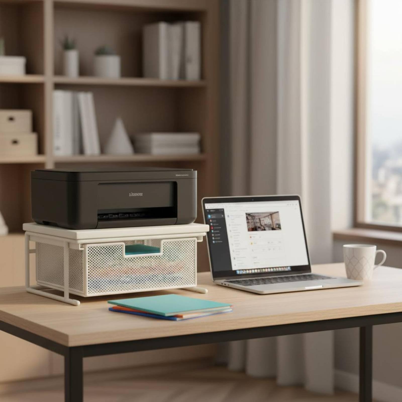 Supporto Stampante da Scrivania con Cassetto Mensola Organizzatore Ripiano Gestione Ordinata di Carta A4 E Piccoli Oggetti con Struttura Adatto per Scrivania Aula Studio , Noce