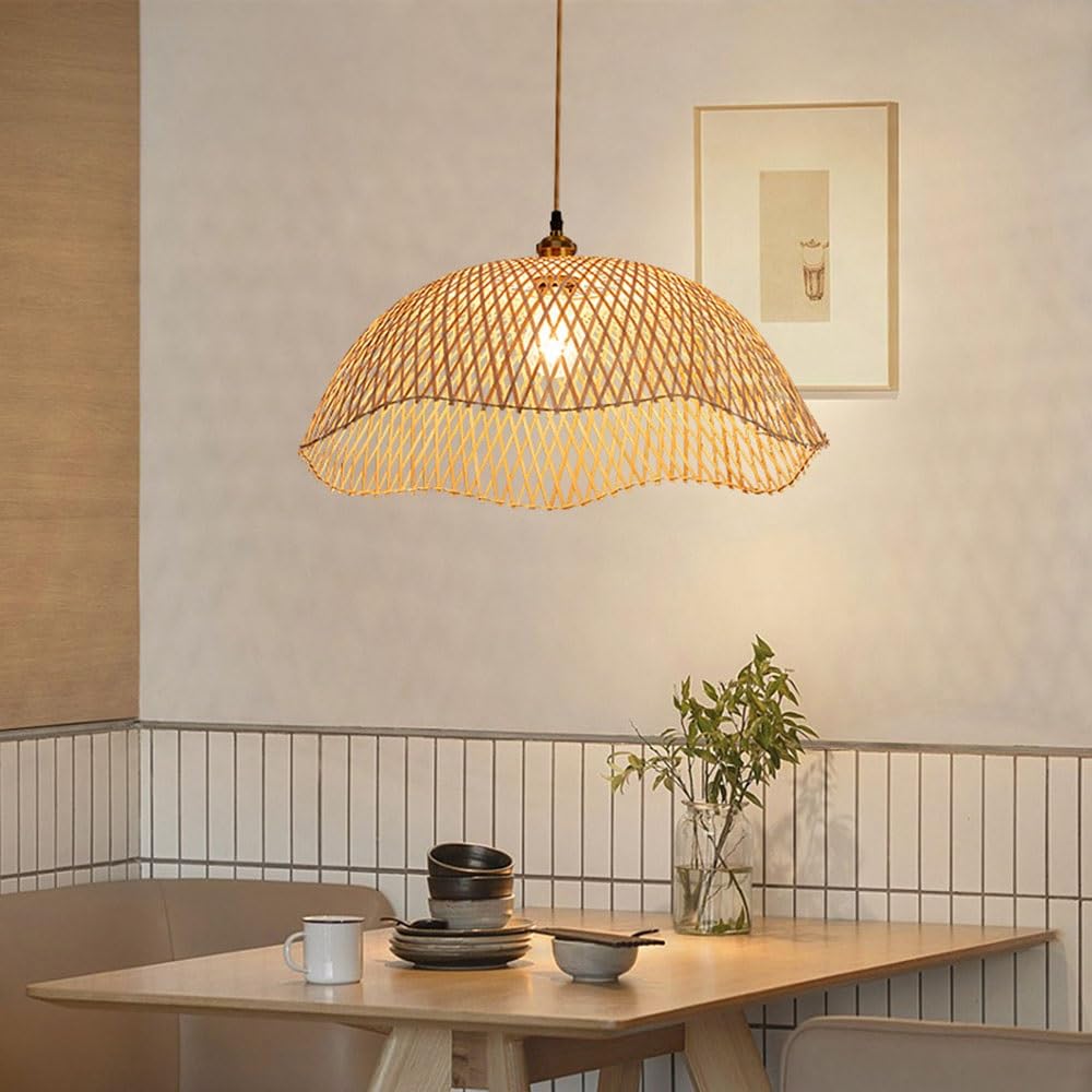 Suspension rustique en bambou tissé main E27 - Lustre vintage en rotin de 45cm de diamètre ajustable
