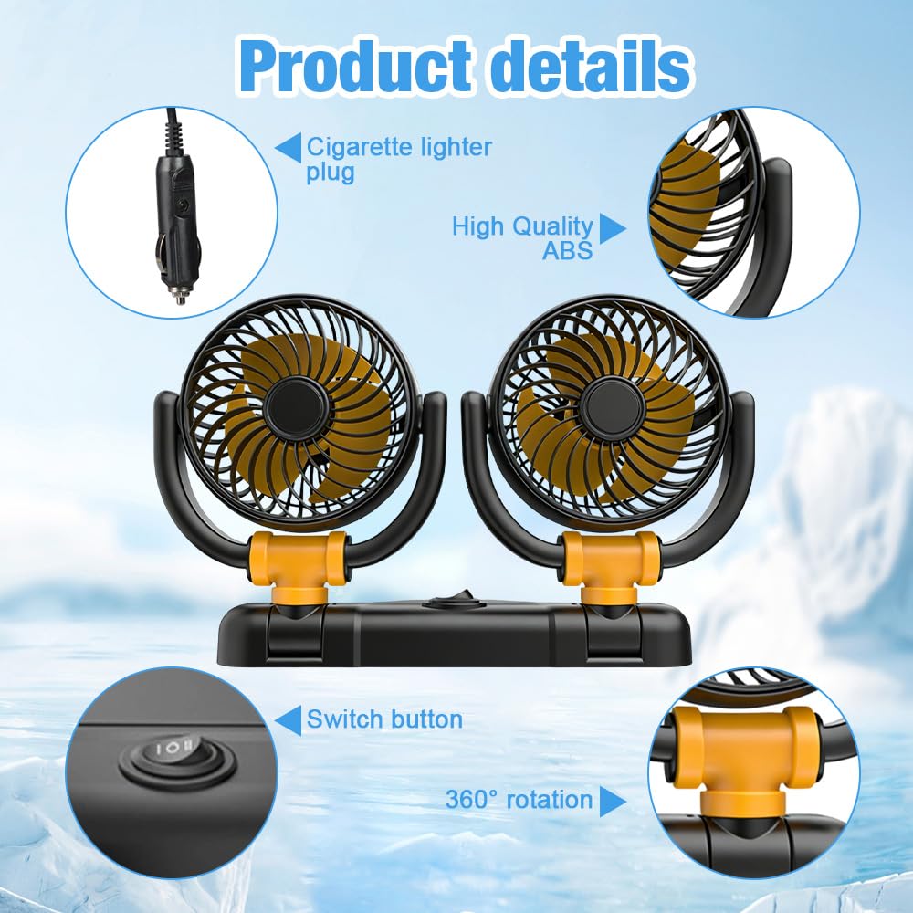 Auto Ventilator, Doppelköpfiger Ventilator Auto, 12V Auto Kühlventilator mit 2 Speed, Kühlungs Luftventilatoren, Kfz Lüfter Auto Ventilator für Auto Van SUV RV Boot, 360 Grad Drehbarer