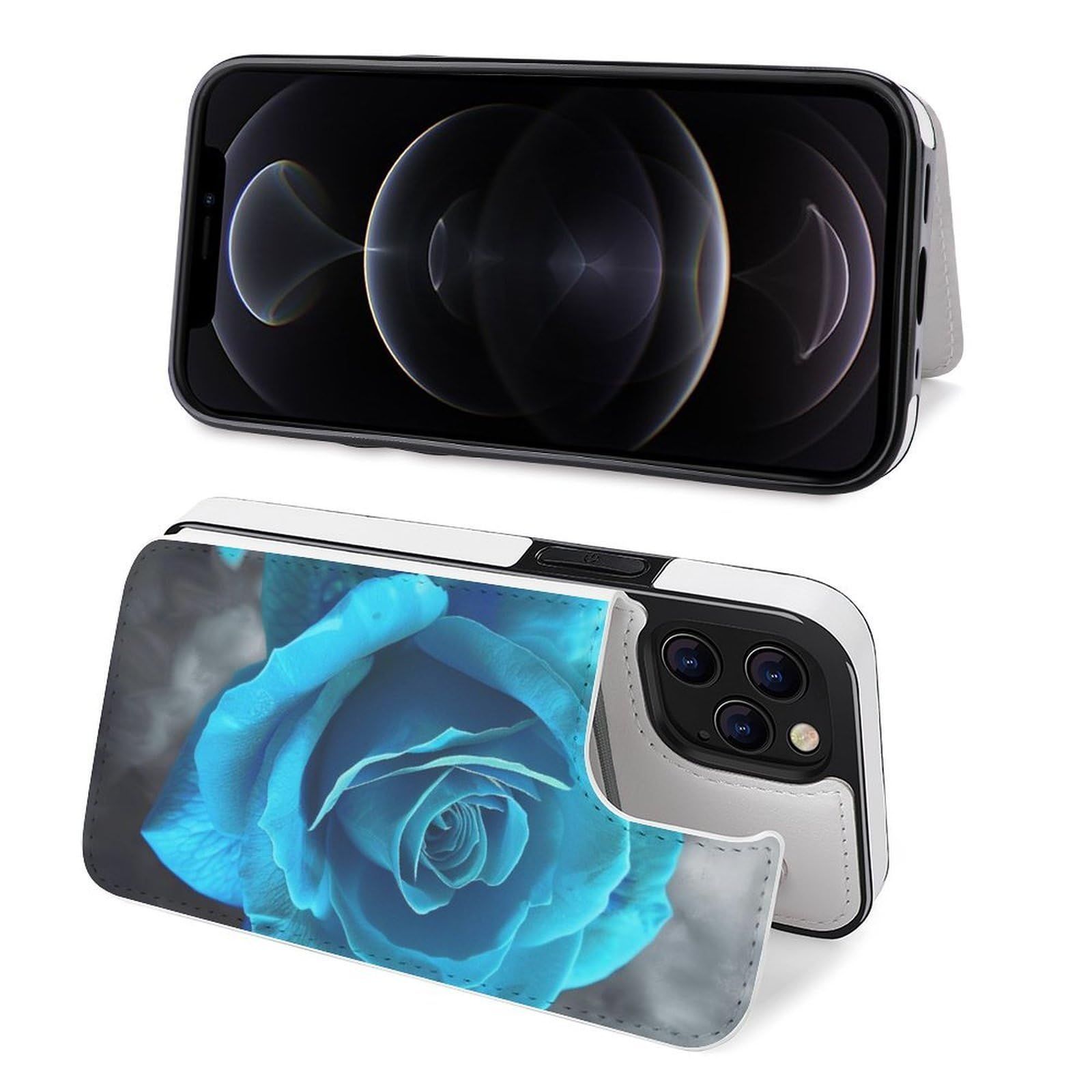 Fundas tipo cartera para iPhone 12 Pro Max, funda de piel con tapa y ranuras para tarjetas con estampado de rosas azules