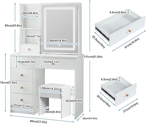 Miniatura 2 de Escritorio pequeño de tocador con espejo y luces, tocador de maquillaje con 6 cajones, 6 estantes y espejo LED deslizante, 3 modos de luz ajustable,