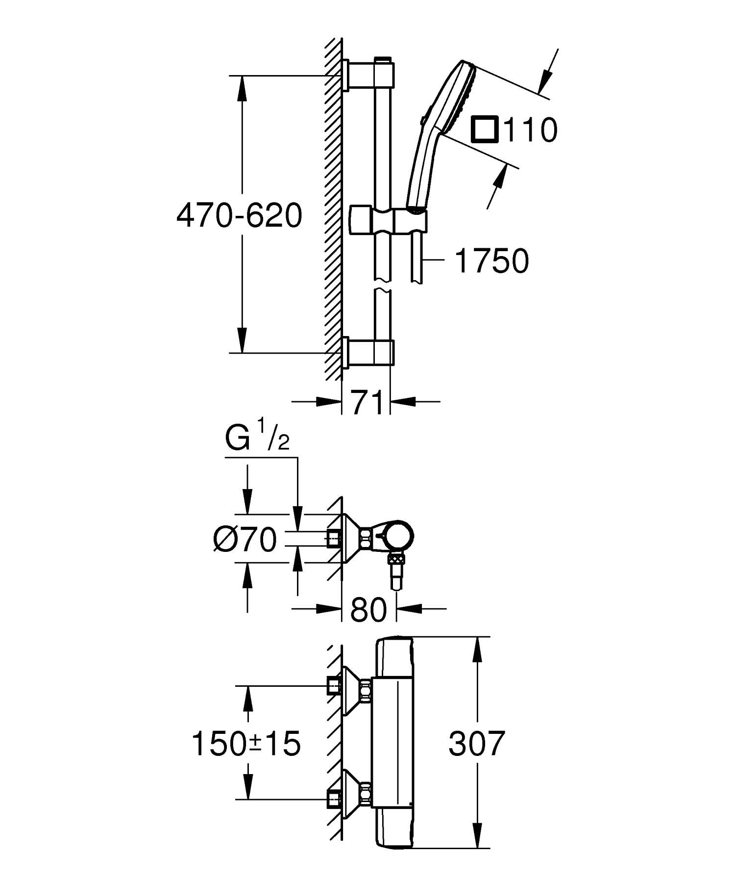 GROHE Precision Trend 34237003 zestaw prysznicowy z termostatem, oszczędzający wodę – 8 l na min (3 rodzaje strumienia, CoolTouch – bez oparzeń na termostatze, drążek prysznicowy 60 cm, w zestawie