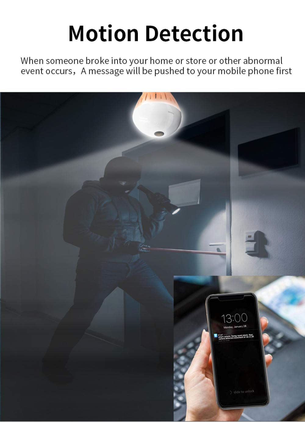 Cámara De Vigilancia Cámara Inalámbrica Led 2 En 1, HD 1080P IP Panorámica De 360 ​​Grados, Seguridad, Bombilla Led, Monitor para Bebés-Tarjeta 1080P + 64G
